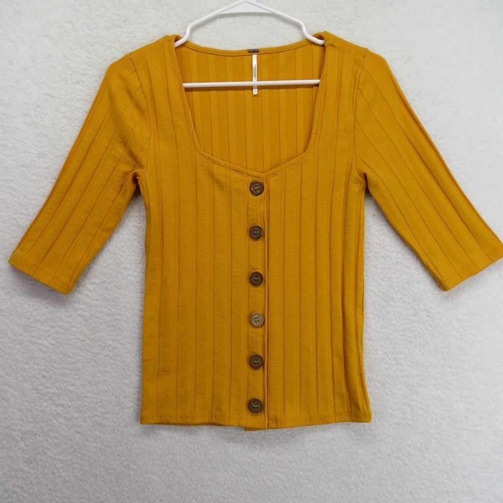 Free People Sweater Womens Small‎ Yellow Ribbed Button Front Square Neck Top